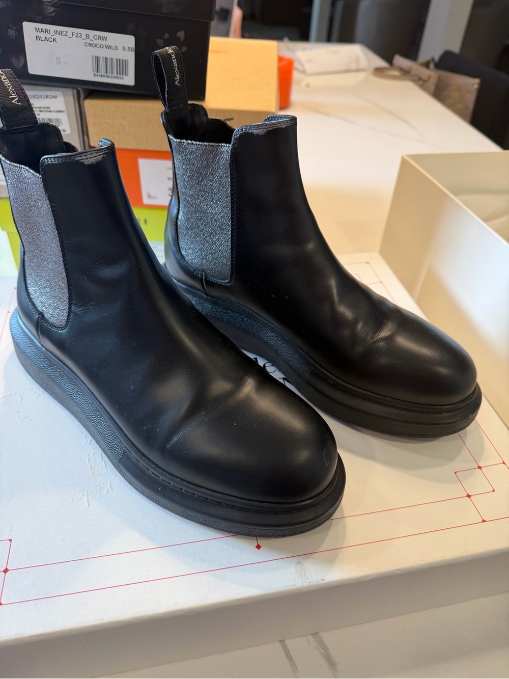 Alexander McQueen Black Leather Chelsea Platform Boots with Silver Elastic